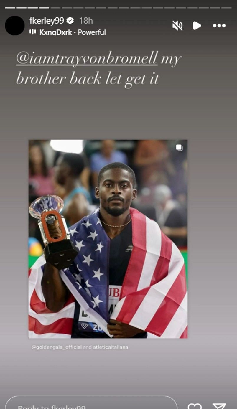 Screenshot of Fred Kerley's Instagram story (@fkerley99/Instagram)